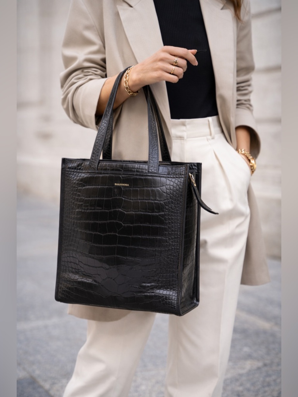 Balenciaga Bazar Black Crocodile Leather Tote Bag